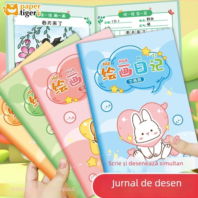 Notebook cu grilaj pentru clasele I–II, pagini de scriere cu pinyin, stil japonez-coreean drăguț; copertă din hârtie; conținut din pulpă brută de lemn; greutatea hârtiei 80 g/m²