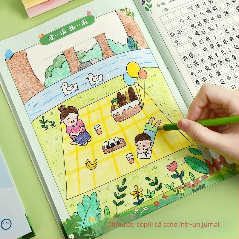 Notebook cu grilaj pentru clasele I–II, pagini de scriere cu pinyin, stil japonez-coreean drăguț; copertă din hârtie; conținut din pulpă brută de lemn; greutatea hârtiei 80 g/m²