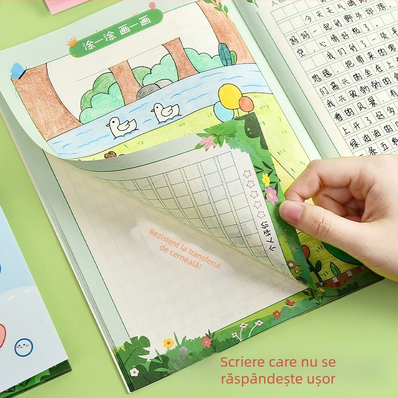 Notebook cu grilaj pentru clasele I–II, pagini de scriere cu pinyin, stil japonez-coreean drăguț; copertă din hârtie; conținut din pulpă brută de lemn; greutatea hârtiei 80 g/m²