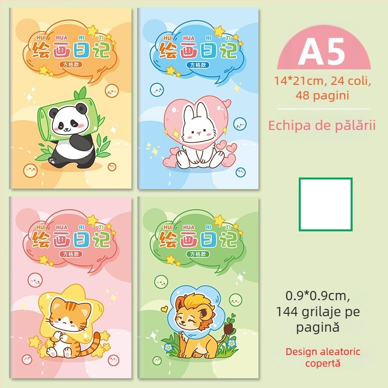 Notebook cu grilaj pentru clasele I–II, pagini de scriere cu pinyin, stil japonez-coreean drăguț; copertă din hârtie; conținut din pulpă brută de lemn; greutatea hârtiei 80 g/m²