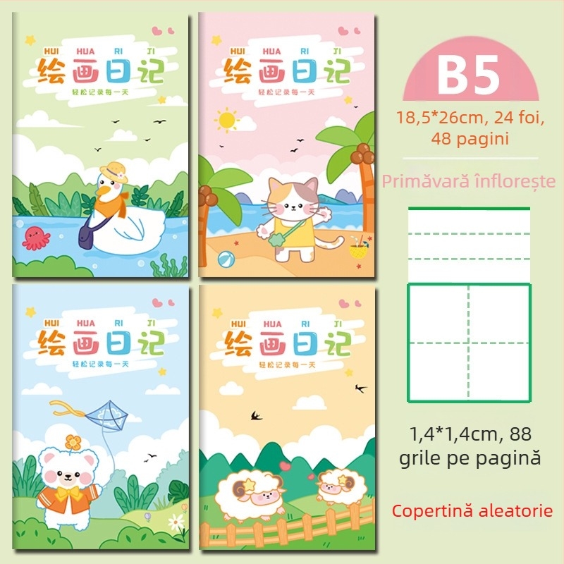Notebook cu grilaj pentru clasele I–II, pagini de scriere cu pinyin, stil japonez-coreean drăguț; copertă din hârtie; conținut din pulpă brută de lemn; greutatea hârtiei 80 g/m²