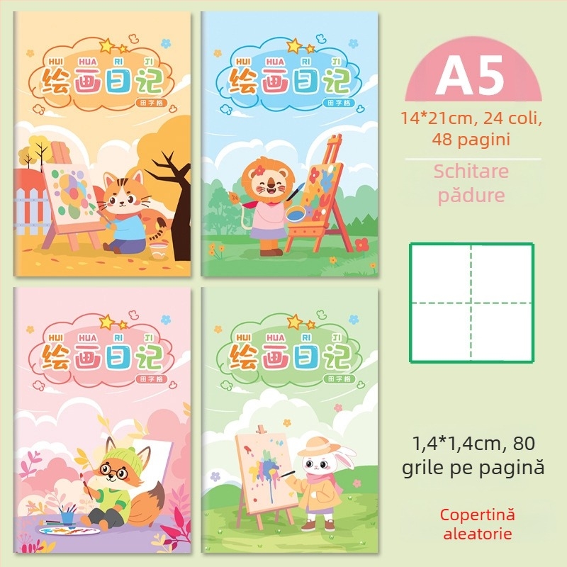 Notebook cu grilaj pentru clasele I–II, pagini de scriere cu pinyin, stil japonez-coreean drăguț; copertă din hârtie; conținut din pulpă brută de lemn; greutatea hârtiei 80 g/m²