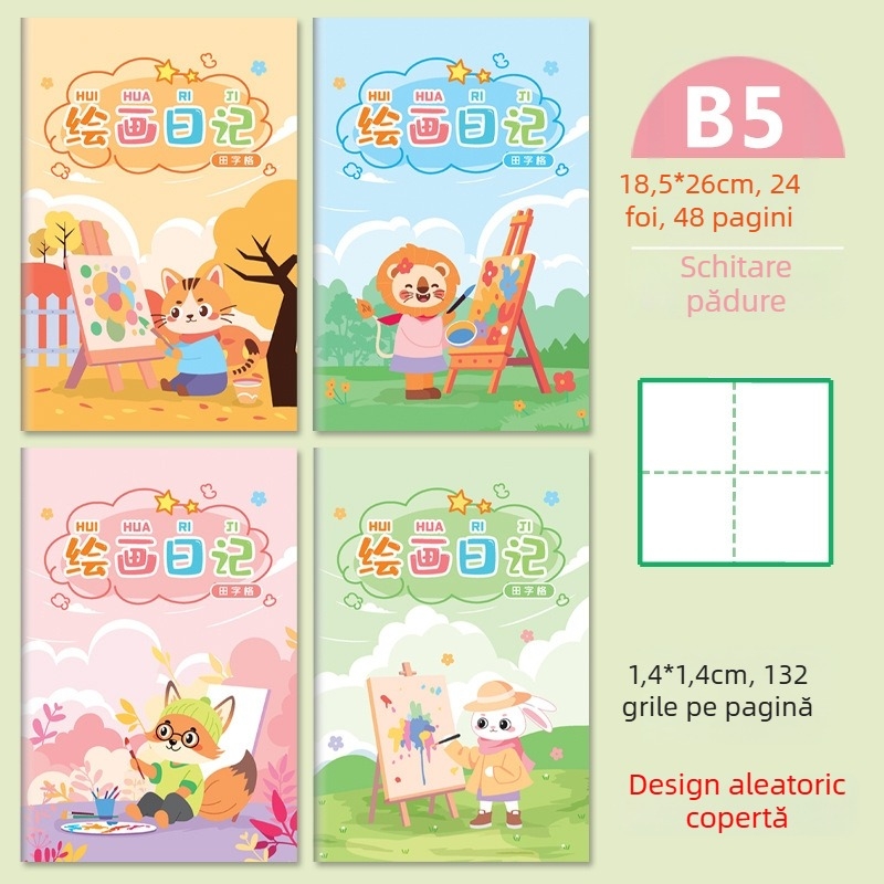 Notebook cu grilaj pentru clasele I–II, pagini de scriere cu pinyin, stil japonez-coreean drăguț; copertă din hârtie; conținut din pulpă brută de lemn; greutatea hârtiei 80 g/m²