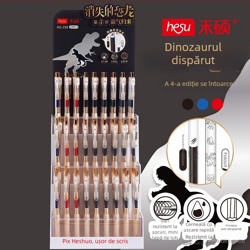 Stilou gel retractabil Heshuo Student, design anti-cădere, vârf metalic de tip ac, corp din plastic, cerneală cu uscare rapidă, destinat examenelor