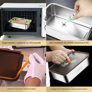 Cutie dreptunghiulară de păstrare din oțel inoxidabil 304, grad alimentar, cu etanșare anti-verse și protecție anti-cadere, cutie pentru prânz pentru frigider/congelator, compatibilă cu microunde