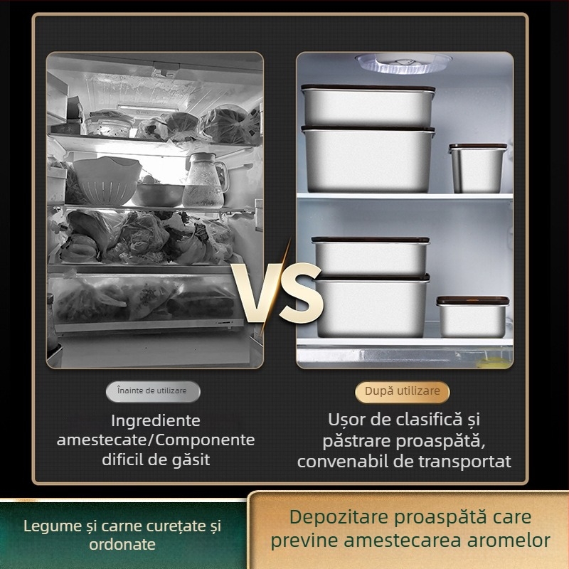 Cutie dreptunghiulară de păstrare din oțel inoxidabil 304, grad alimentar, cu etanșare anti-verse și protecție anti-cadere, cutie pentru prânz pentru frigider/congelator, compatibilă cu microunde