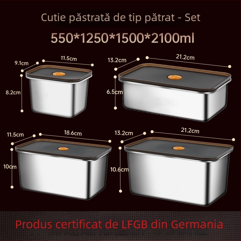 Cutie dreptunghiulară de păstrare din oțel inoxidabil 304, grad alimentar, cu etanșare anti-verse și protecție anti-cadere, cutie pentru prânz pentru frigider/congelator, compatibilă cu microunde