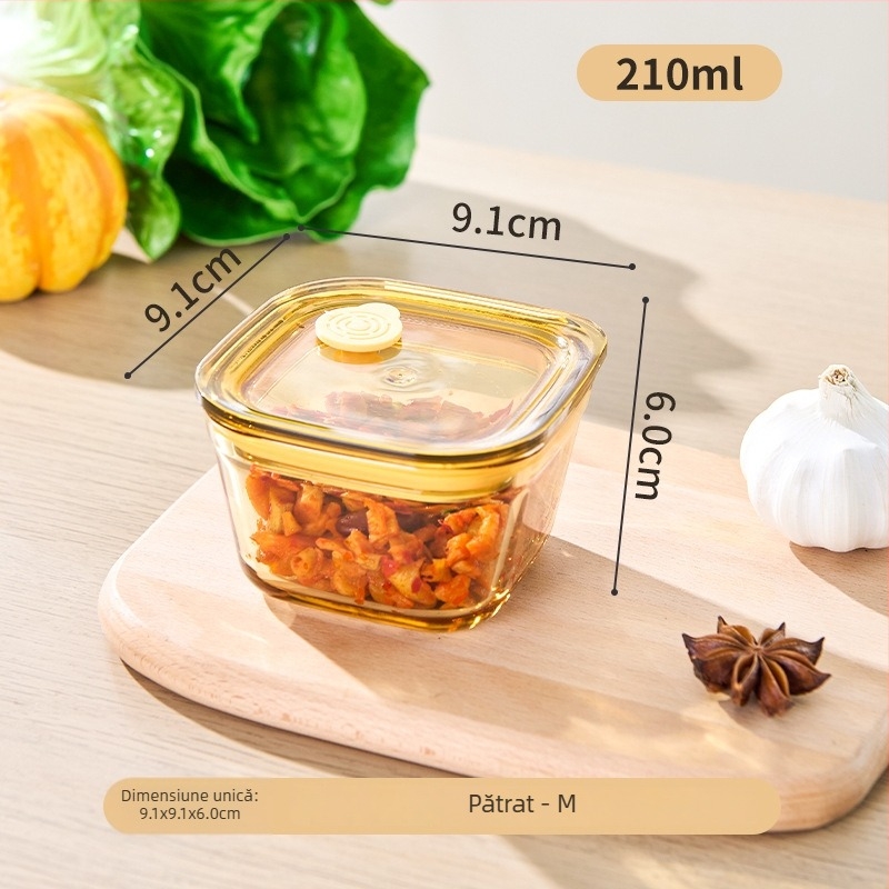 Cutie pentru prospețime din sticlă borosilicată, formă pătrată, capacitate ≤300 ml, compatibilă cu cuptorul cu microunde, rezistentă la căldură
