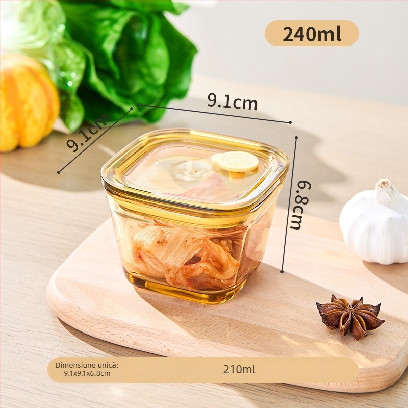 Cutie pentru prospețime din sticlă borosilicată, formă pătrată, capacitate ≤300 ml, compatibilă cu cuptorul cu microunde, rezistentă la căldură