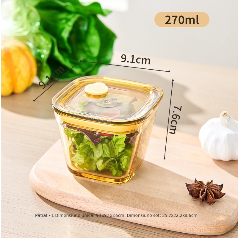 Cutie pentru prospețime din sticlă borosilicată, formă pătrată, capacitate ≤300 ml, compatibilă cu cuptorul cu microunde, rezistentă la căldură