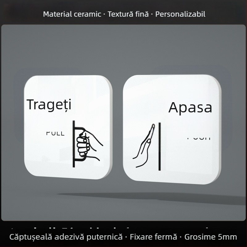 Semn acrilic pentru ușă glisantă – reminder intrare/ieșire; imprimare UV; Material: acrilic; Destinație: birou; Brand: Hao Long