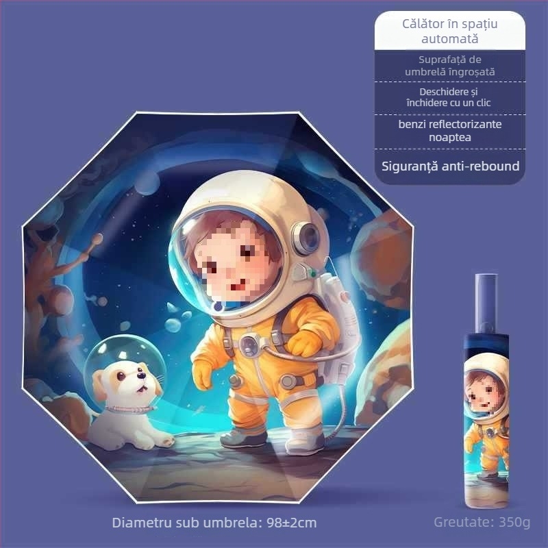 Umbrelă pentru copii cu anti-rebound, țesătură nanohidrofobă, cadru din silicon, 12 nervuri, mâner din aluminiu