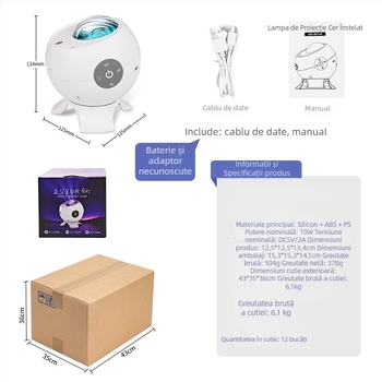 Lampa de proiecție pentru noapte cu muzică, control prin aplicație și telecomandă – alimentare cu baterie