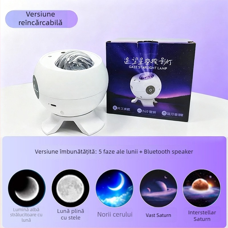Lampa de proiecție pentru noapte cu muzică, control prin aplicație și telecomandă – alimentare cu baterie
