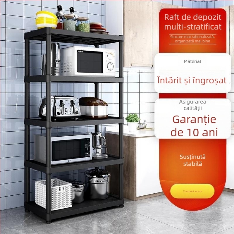 Raft de bucătărie pe podea, cu mai multe niveluri pentru cuptor cu microunde și depozitare vase, din plastic, fără montaj