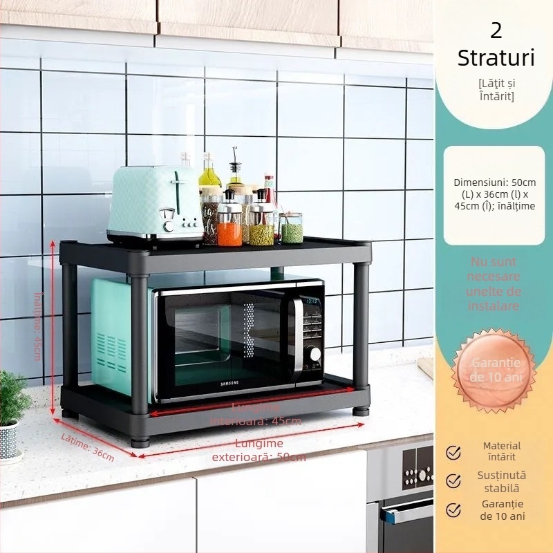 Raft de bucătărie pe podea, cu mai multe niveluri pentru cuptor cu microunde și depozitare vase, din plastic, fără montaj