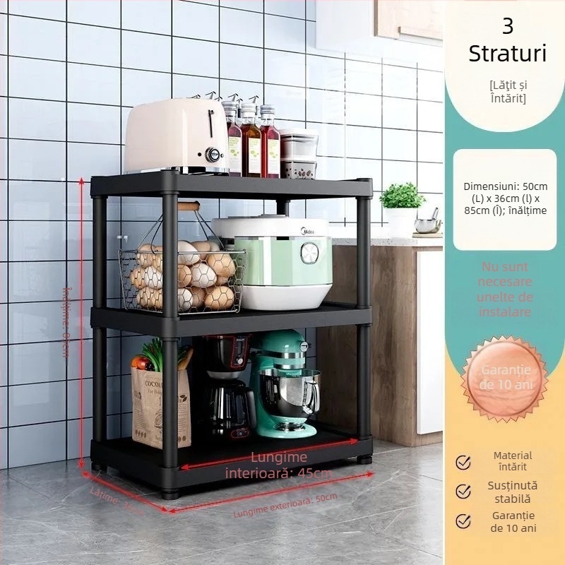 Raft de bucătărie pe podea, cu mai multe niveluri pentru cuptor cu microunde și depozitare vase, din plastic, fără montaj