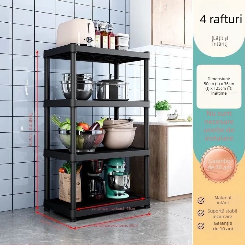 Raft de bucătărie pe podea, cu mai multe niveluri pentru cuptor cu microunde și depozitare vase, din plastic, fără montaj