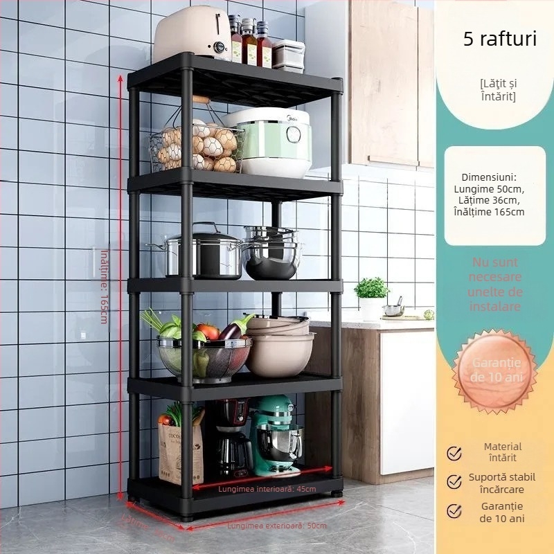 Raft de bucătărie pe podea, cu mai multe niveluri pentru cuptor cu microunde și depozitare vase, din plastic, fără montaj