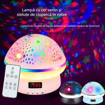 Proiector nocturn cu ciupercă rotativă și cer înstelat, telecomandă, alimentare la priză, abajur din PVC, design geometric