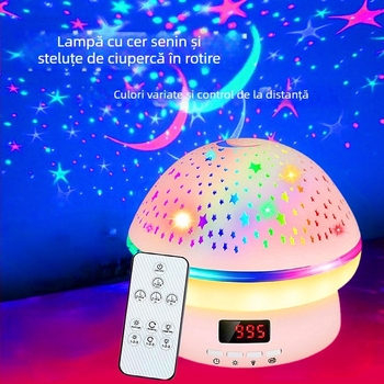 Proiector nocturn cu ciupercă rotativă și cer înstelat, telecomandă, alimentare la priză, abajur din PVC, design geometric