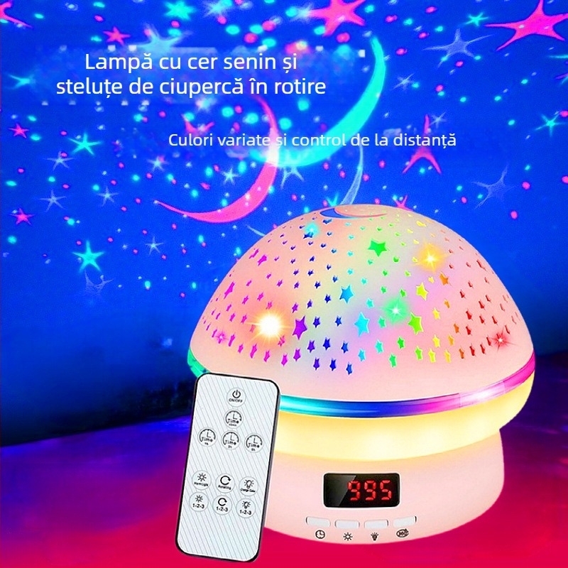 Proiector nocturn cu ciupercă rotativă și cer înstelat, telecomandă, alimentare la priză, abajur din PVC, design geometric