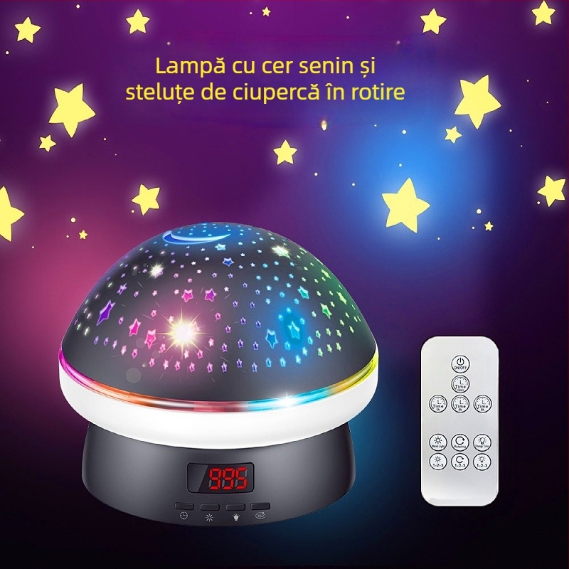 Proiector nocturn cu ciupercă rotativă și cer înstelat, telecomandă, alimentare la priză, abajur din PVC, design geometric