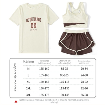 Costum de baie feminin conservator, din trei piese, cu bureți la bust, elasticitate ridicată, material nylon 85%, căptușeală poliester 100%