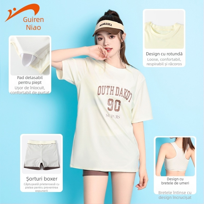 Costum de baie feminin conservator, din trei piese, cu bureți la bust, elasticitate ridicată, material nylon 85%, căptușeală poliester 100%