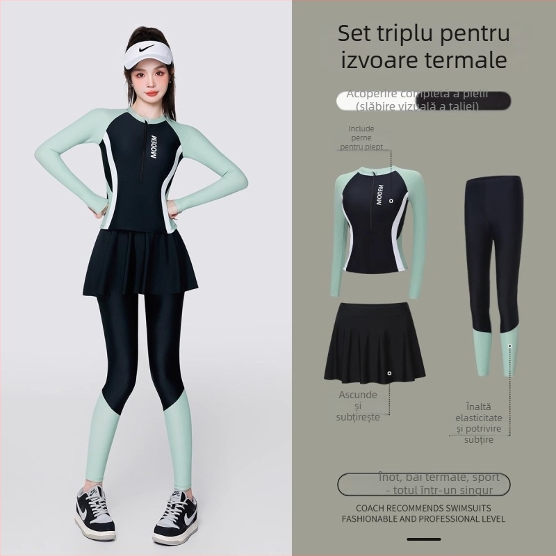 Costum de baie pentru femei, set din trei piese, mâneci lungi, pernă de bust, țesătură poliester (84%), căptușeală poliester