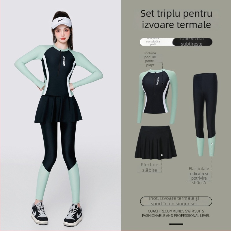 Costum de baie pentru femei, set din trei piese, mâneci lungi, pernă de bust, țesătură poliester (84%), căptușeală poliester