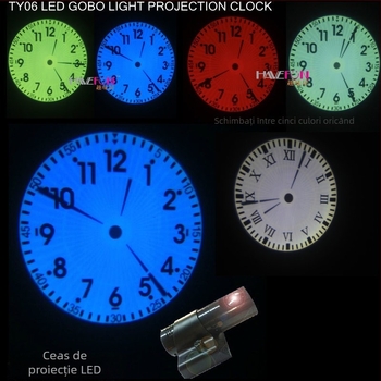 Ceas de proiecție, model T02; afișaj LED cu ace și cifre; alimentare externă; carcasă din plastic; cadran din sticlă organică; funcții: iluminare, lumină de noapte, decorativ.