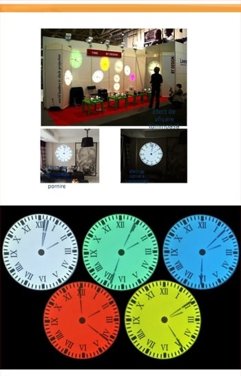 Ceas de proiecție, model T02; afișaj LED cu ace și cifre; alimentare externă; carcasă din plastic; cadran din sticlă organică; funcții: iluminare, lumină de noapte, decorativ.