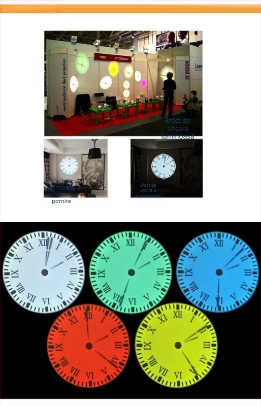 Ceas de proiecție, model T02; afișaj LED cu ace și cifre; alimentare externă; carcasă din plastic; cadran din sticlă organică; funcții: iluminare, lumină de noapte, decorativ.