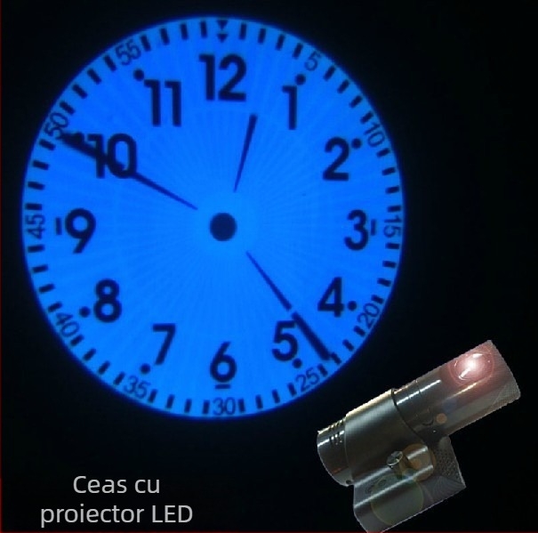 Ceas de proiecție, model T02; afișaj LED cu ace și cifre; alimentare externă; carcasă din plastic; cadran din sticlă organică; funcții: iluminare, lumină de noapte, decorativ.