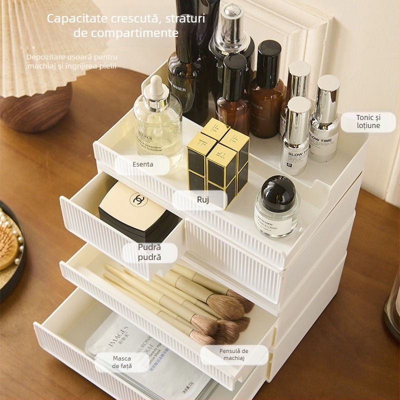 Organizator cosmetic pentru birou – raft de depozitare cu mai multe niveluri, din plastic, pentru îngrijire a pielii și ruj, stil modern minimalist, personalizare disponibilă