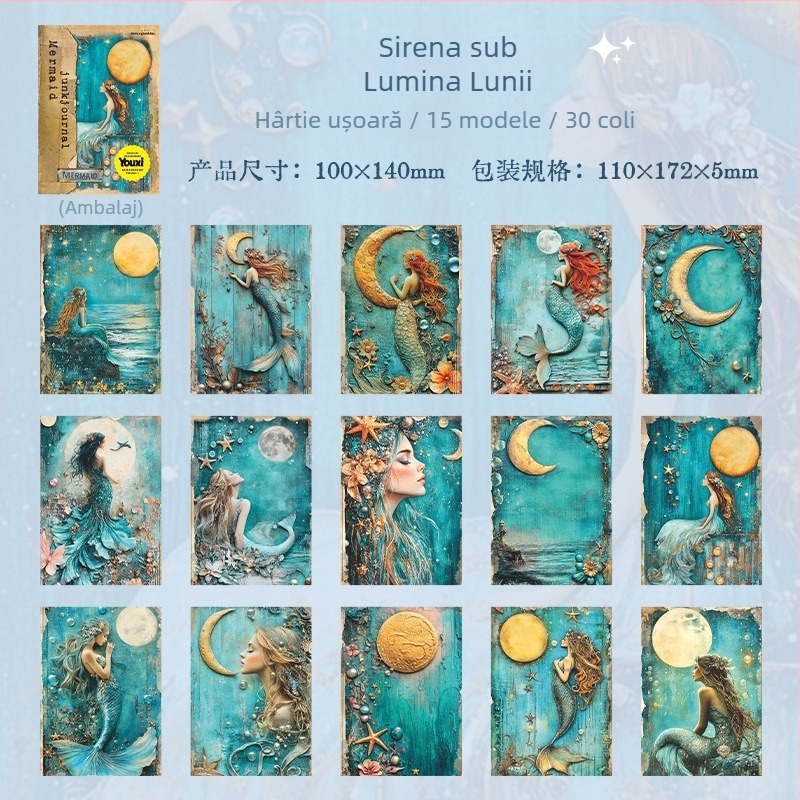 Hârtie pentru jurnal cu sirene – fundal retro de colaj subacvatic, Good day 7089, formă: cărămizi de hârtie, autorizare IP: Nu