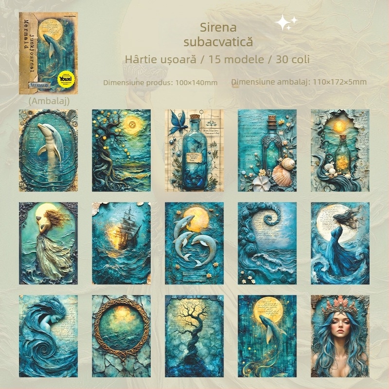 Hârtie pentru jurnal cu sirene – fundal retro de colaj subacvatic, Good day 7089, formă: cărămizi de hârtie, autorizare IP: Nu