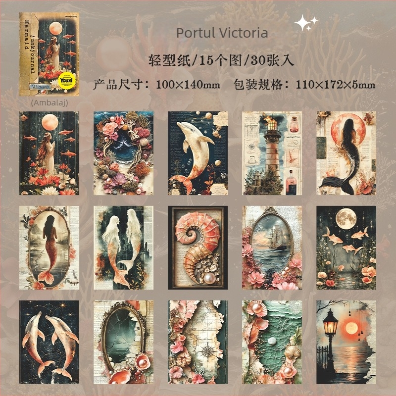 Hârtie pentru jurnal cu sirene – fundal retro de colaj subacvatic, Good day 7089, formă: cărămizi de hârtie, autorizare IP: Nu