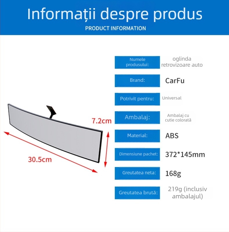 Oglindă interioară pentru automobil, model AC-1400, ABS, tip universal, reglaj multiplu, greutate 219 g
