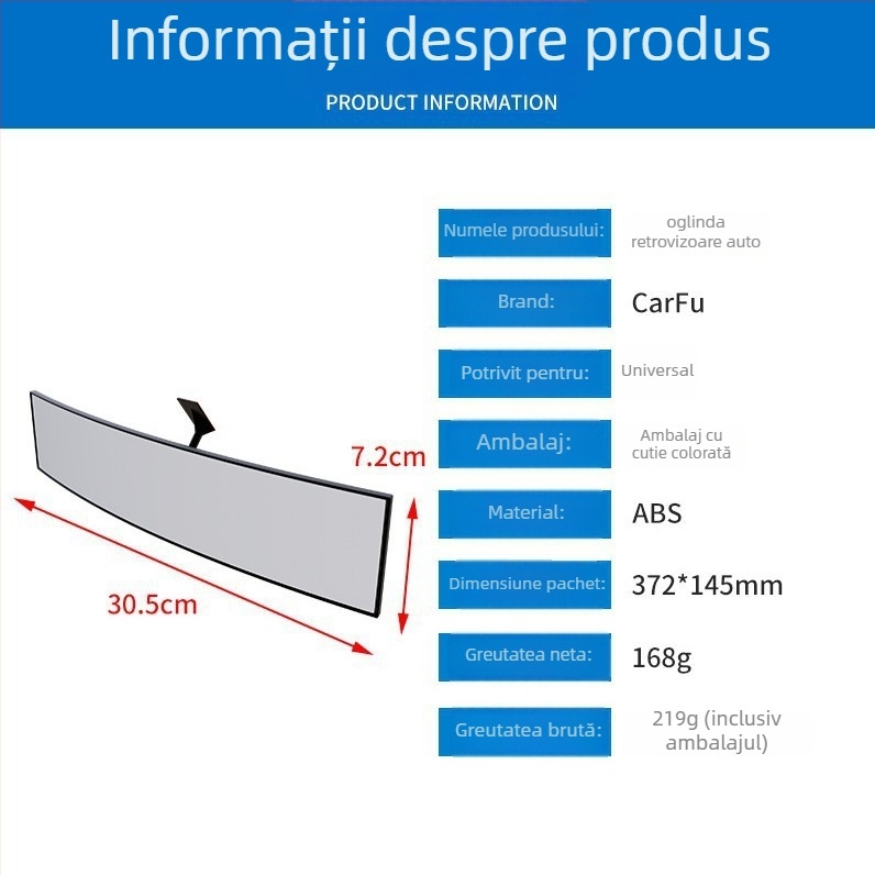 Oglindă interioară pentru automobil, model AC-1400, ABS, tip universal, reglaj multiplu, greutate 219 g
