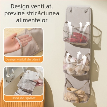Coș de depozitare din plasă pentru bucătărie, montat pe perete, pliabil, fără găuri, material Oxford, 2–3 etaje, încărcare până la 1–1,5 kg, lavabil