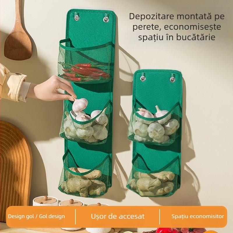Coș de depozitare din plasă pentru bucătărie, montat pe perete, pliabil, fără găuri, material Oxford, 2–3 etaje, încărcare până la 1–1,5 kg, lavabil