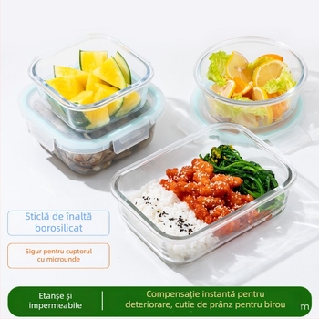 Cutie pentru prânz din sticlă borosilikat, compatibilă cu microunde, congelabilă, capac etanș cu protecție împotriva scurgerilor, capacitate 501–800 ml