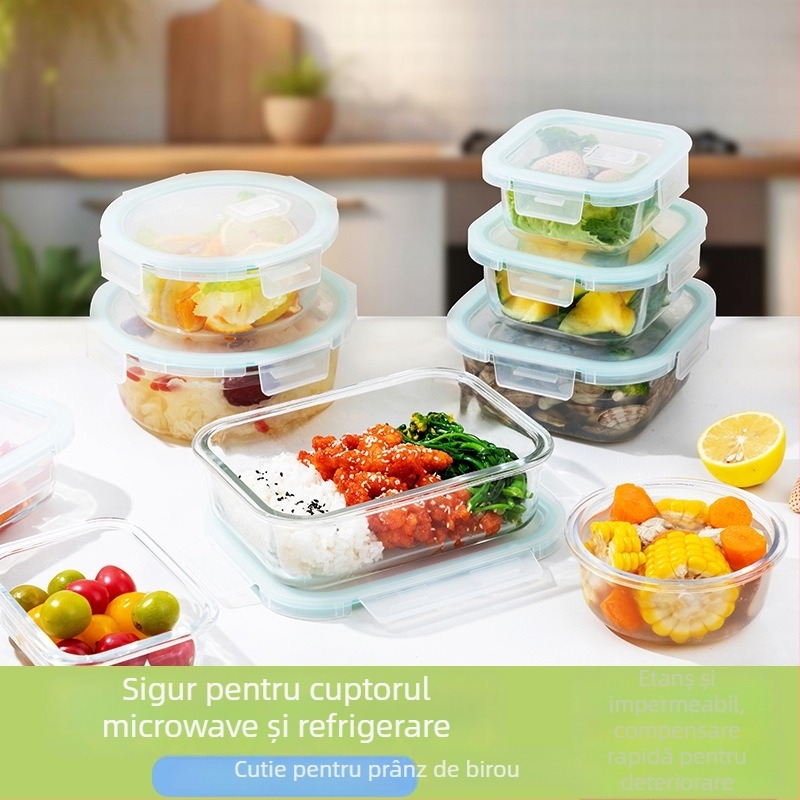 Cutie pentru prânz din sticlă borosilikat, compatibilă cu microunde, congelabilă, capac etanș cu protecție împotriva scurgerilor, capacitate 501–800 ml