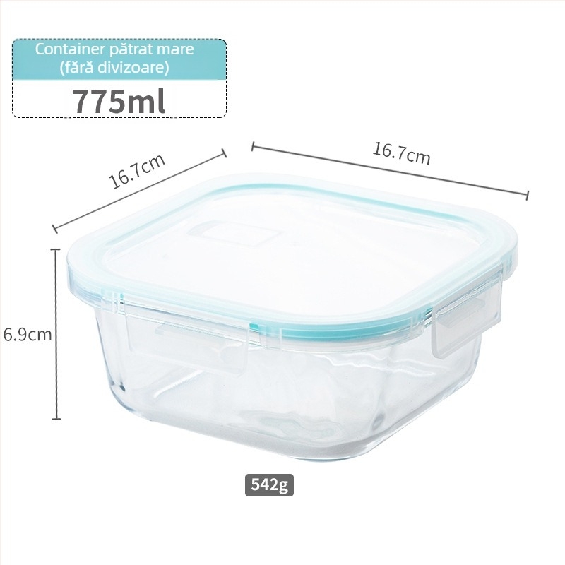 Cutie pentru prânz din sticlă borosilikat, compatibilă cu microunde, congelabilă, capac etanș cu protecție împotriva scurgerilor, capacitate 501–800 ml