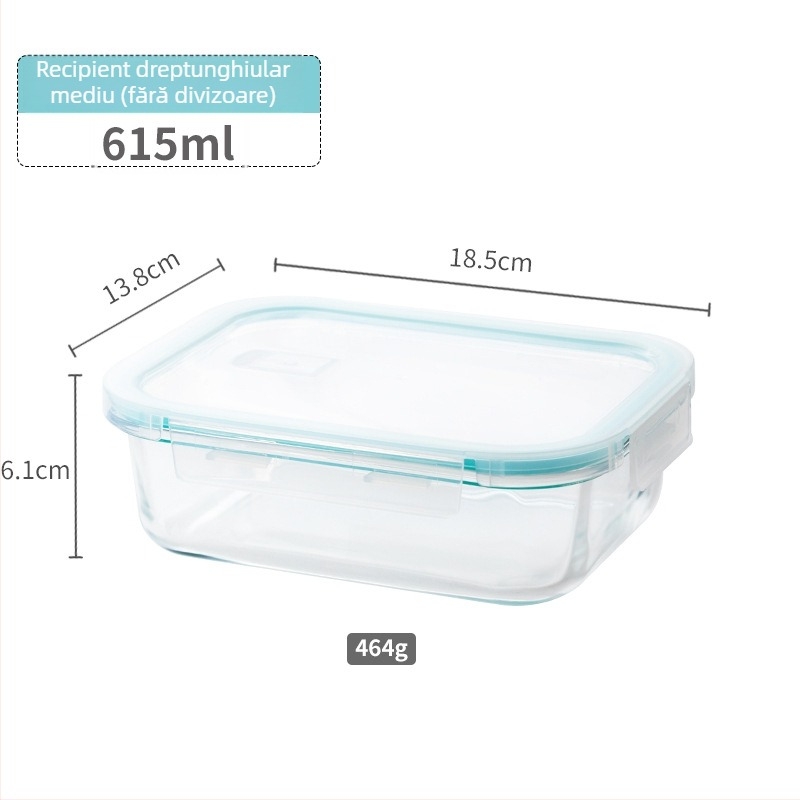 Cutie pentru prânz din sticlă borosilikat, compatibilă cu microunde, congelabilă, capac etanș cu protecție împotriva scurgerilor, capacitate 501–800 ml