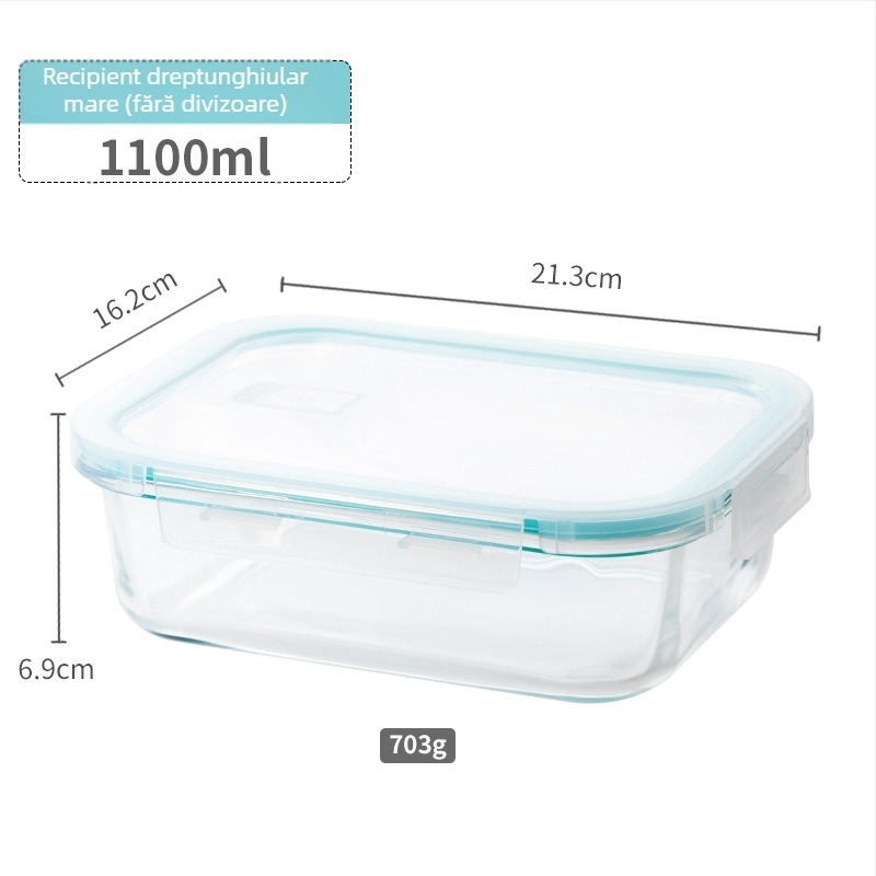 Cutie pentru prânz din sticlă borosilikat, compatibilă cu microunde, congelabilă, capac etanș cu protecție împotriva scurgerilor, capacitate 501–800 ml