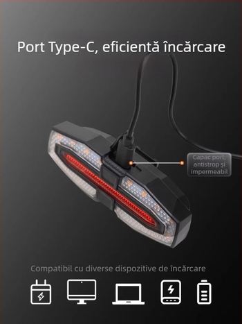 Lumină spate pentru bicicletă cu semnalizare la distanță, pentru biciclete de munte, USB-C 500mAh, montare rapidă, plimbare nocturnă