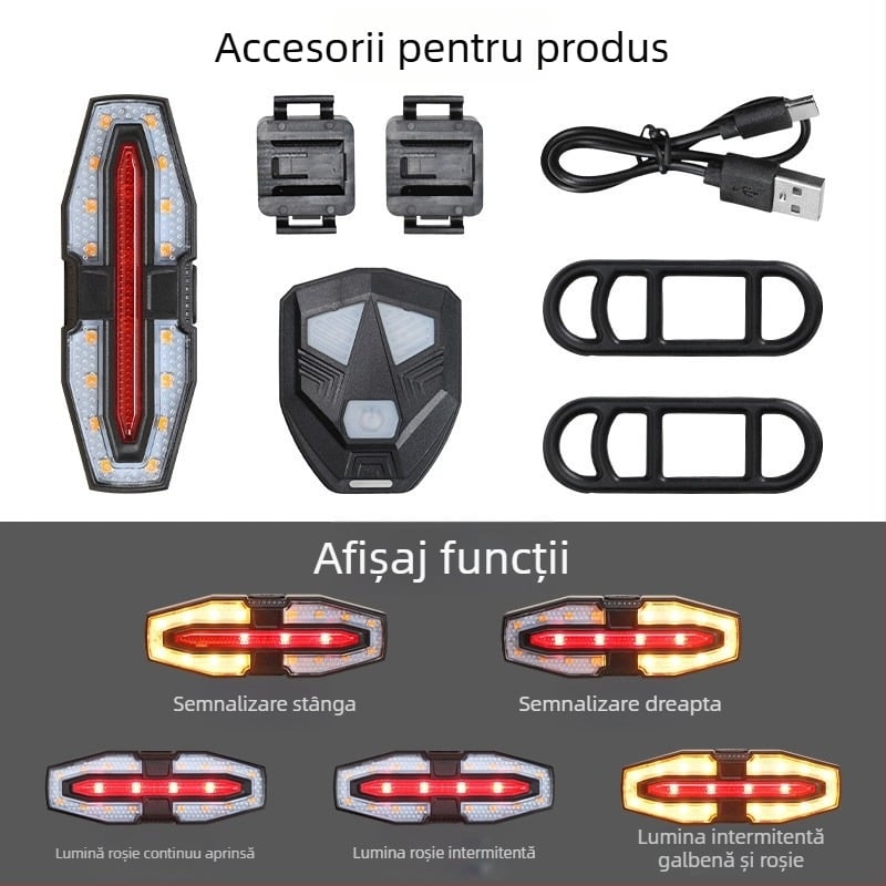 Lumină spate pentru bicicletă cu semnalizare la distanță, pentru biciclete de munte, USB-C 500mAh, montare rapidă, plimbare nocturnă
